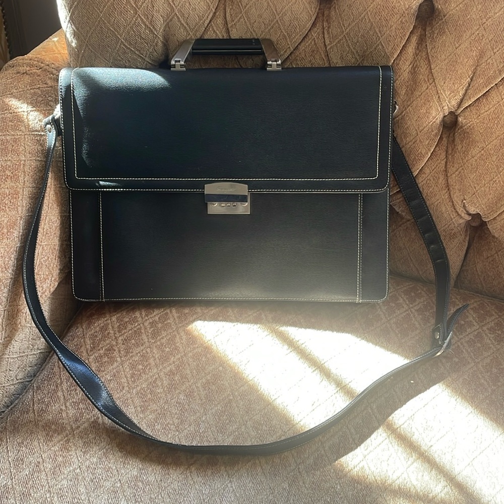 Salvatore Ferragamo black pebble calf Leather Briefcase